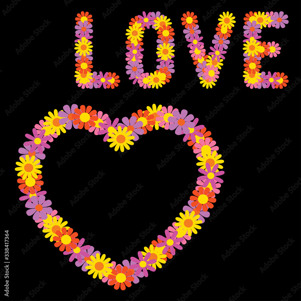 Lettering Love and heart made of flowers.