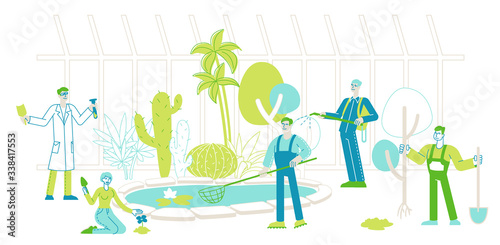 Gardeners and Scientists Characters Growing and Caring of Plants in Garden Greenhouse. Gardening People Testing Watering, Fertilizing, Planting, Raking Trees, Seasonal Work. Linear Vector Illustration