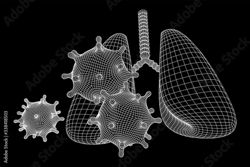 Corona Virus and Lungs with trachea bronchi internal organ human. Covid virus pulmonology medicine science concept. Wireframe low poly mesh vector illustration.