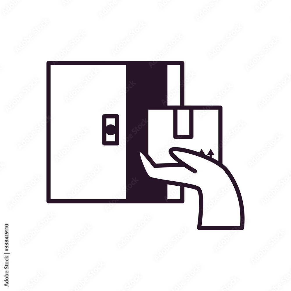 hand holding a box and door icon, line style hand holding a box and door icon, line style