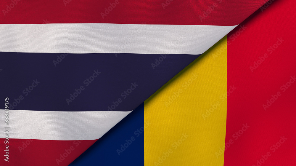 The flags of Thailand and Chad. News, reportage, business background. 3d illustration