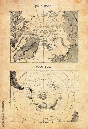 Fototapeta Ancient maps of the North Pole  in the middle of the Arctic Ocean and the South