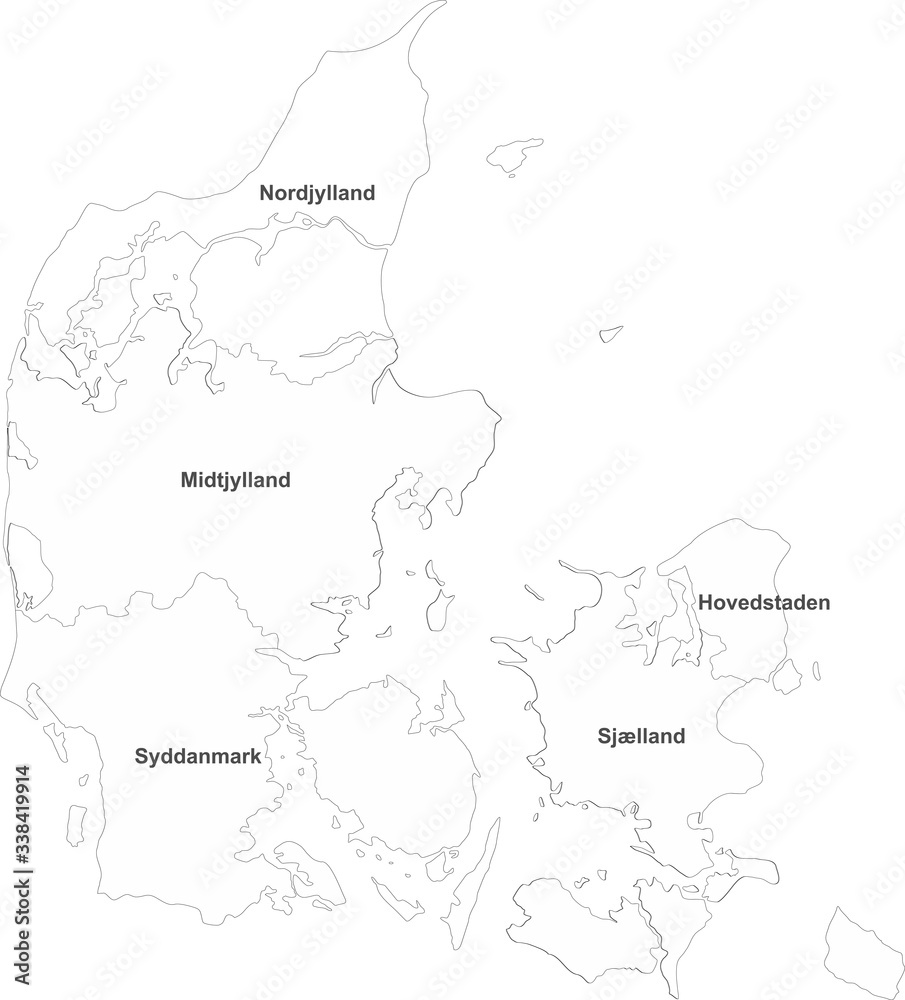 Obraz Mapa Danii z nazwami. Białe tło. Idealny do koncepcji biznesowych, tła, tła, naklejki, etykiety, wykresu, plakatu i tapety.