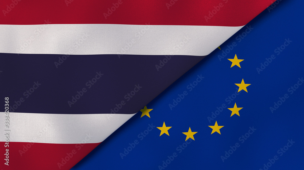 The flags of Thailand and European Union. News, reportage, business background. 3d illustration The flags of Thailand and European Union. News, reportage, business background. 3d illustration