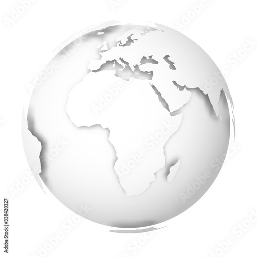 Fototapeta Naklejka Na Ścianę i Meble -  Earth globe. 3D world map with white lands dropping shadows on light grey seas and oceans. Vector illustration