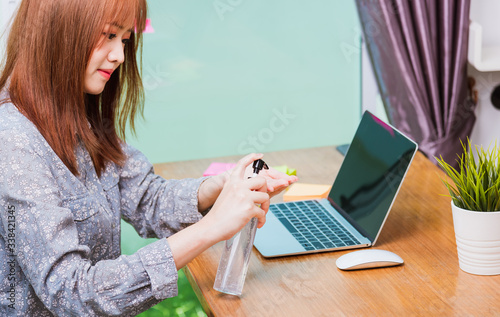 Business young woman working from home office he quarantines disease coronavirus or COVID-19