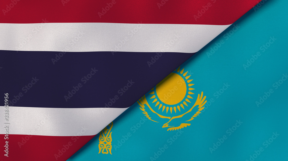 Naklejka premium The flags of Thailand and Kazakhstan. News, reportage, business background. 3d illustration