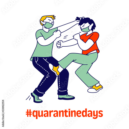 Naughty Hyperactive Children Characters Fighting, Couple of Little Boys in Masks Playing and Making Mess. Little Kids Fooling and Fight Around at Covid 19 Quarantine. Linear Vector People Illustration