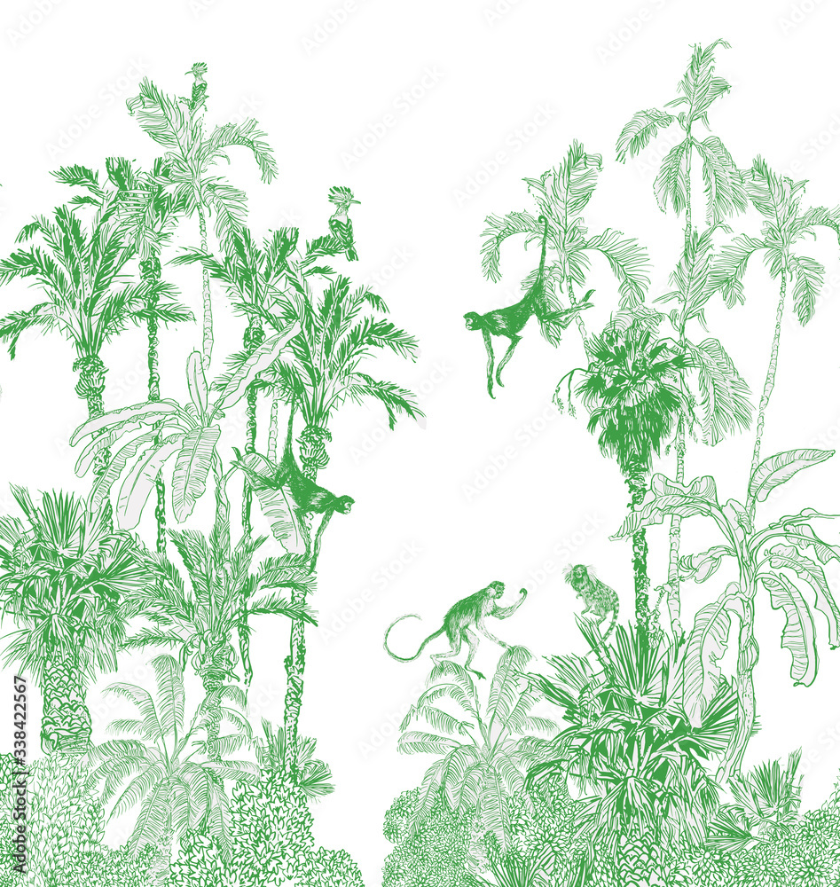 Panorama View Border Monkeys in Palms, Jungle Tropics Monochrome Lithography Exotic Wild Animals Green on White Background, Tropical Etching Wallpaper Design