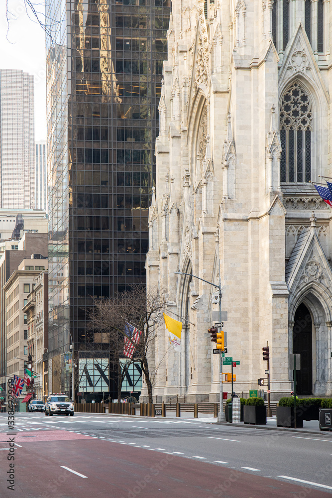 Empty streets on Fifth Avenue near St. Patrick's Cathedrel due to the Covid-19 pandemic Lockdown.