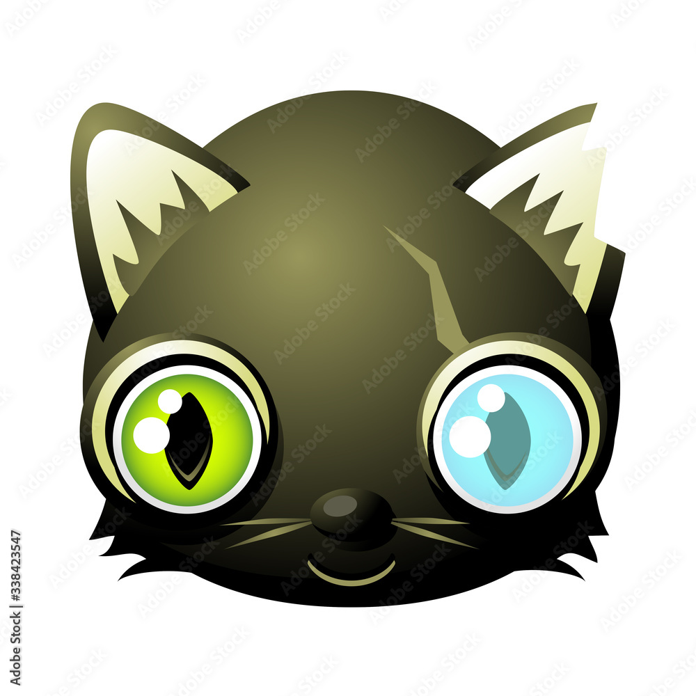 Cartoon drawing of a black zombie cat head with a scar, a dead eye, a green  eye and a wounded ear. Isolated on white. Stock Vector | Adobe Stock