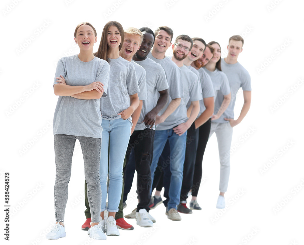 group of young people in gray t-shirts standing in a row group of young people in gray t-shirts standing in a row