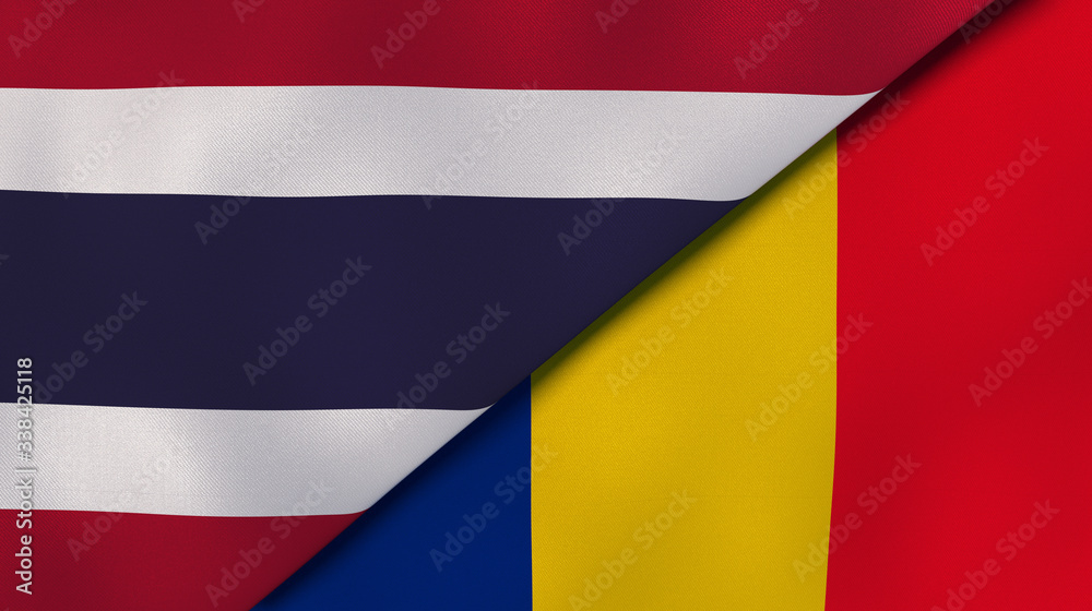 The flags of Thailand and Romania. News, reportage, business background. 3d illustration