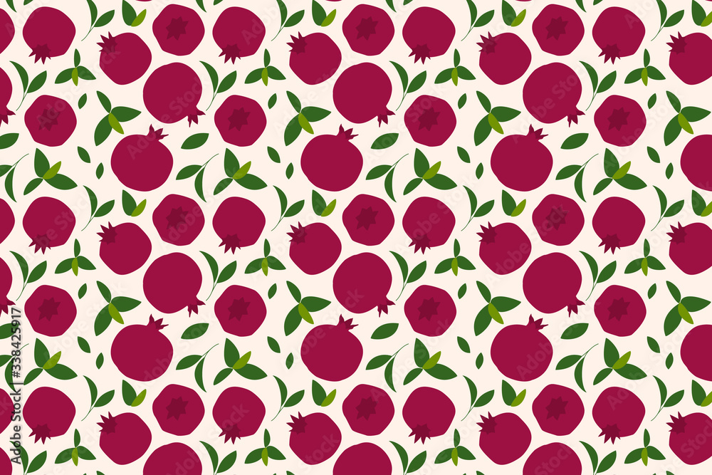 Pomegranate fruit and leaves pattern on beige background. Pomegranate fruit and leaves pattern on beige background.