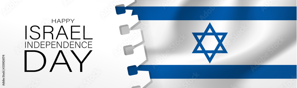 Israel Independence Day banner or site header. National holiday design template. Israeli symbolics background with blue and white flag. Vector illustration. Israel Independence Day banner or site header. National holiday design template. Israeli symbolics background with blue and white flag. Vector illustration.
