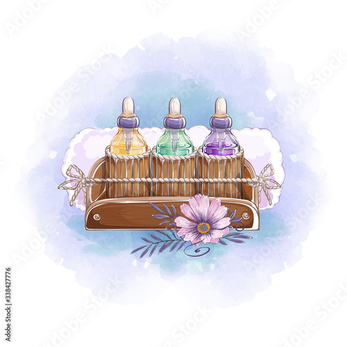 Composition from a set of bottles with essential oils for aromatherapy, relaxation and massage in wooden cases, a tropical flower and a towel. Watercolor textured background.