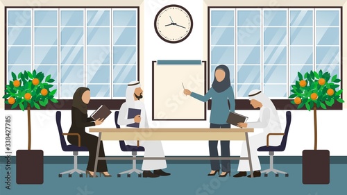 Fotografia, Obraz Meeting of arab businessmen, people groupe discuss agreement flat vector illustration