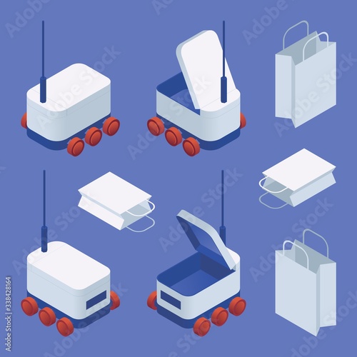 Quarantine food robot for contactless delivery in isometric style. Empty bag in white color