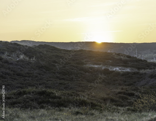sunset behind grassy dunes