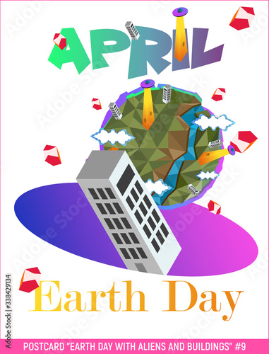 Vector. Earth Day with aliens and buildings, planeta