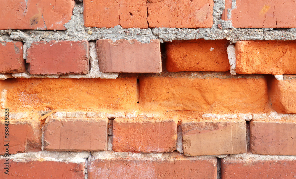 Fototapeta premium Red brick wall with cracks and scratches. Аbstract background texture. Vintage house facade.