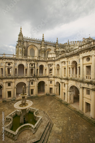 Fountain in courtyard of Convent of the Knights of Christ and the Templar Castle, founded by Gualdim Pais in 1160 AD, is a Unesco World Heritage Site in Tomar, Portugal