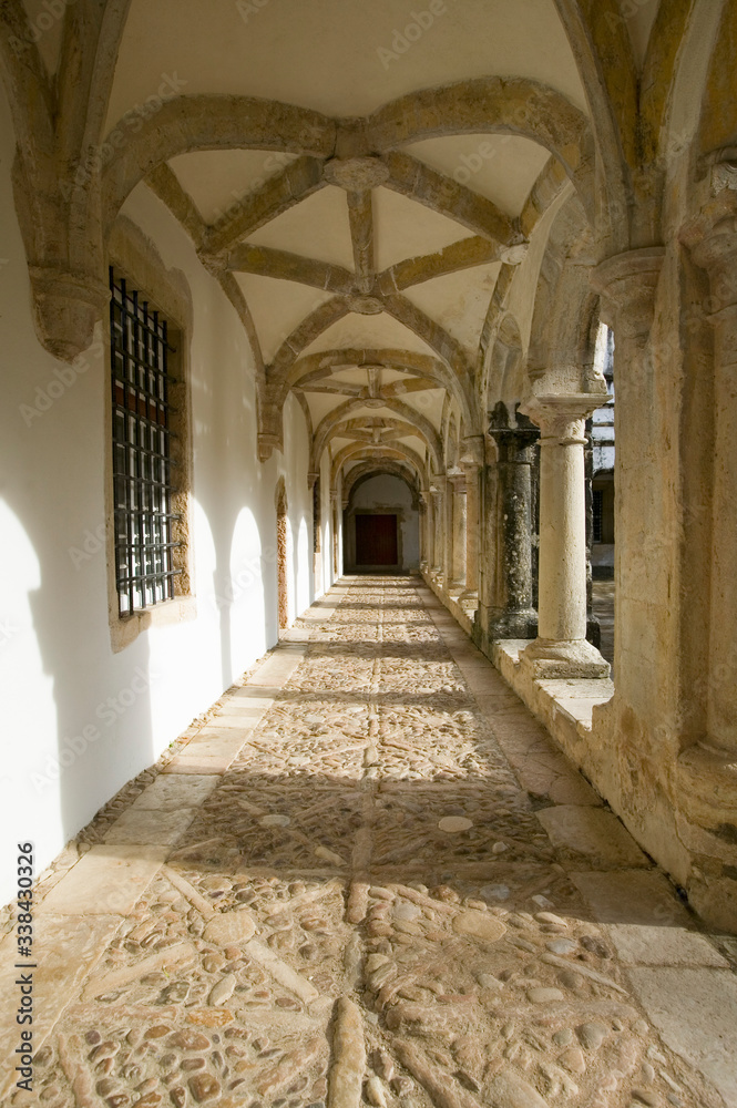 Interior arches of the Convent of the Knights of Christ and Templar Castle, founded by Gualdim Pais in 1160 AD, is a Unesco World Heritage Site in Tomar, Portugal