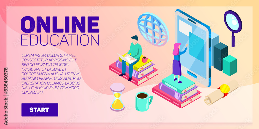 Isometric online education vector banner. E-learning. Imagination ad creativity.