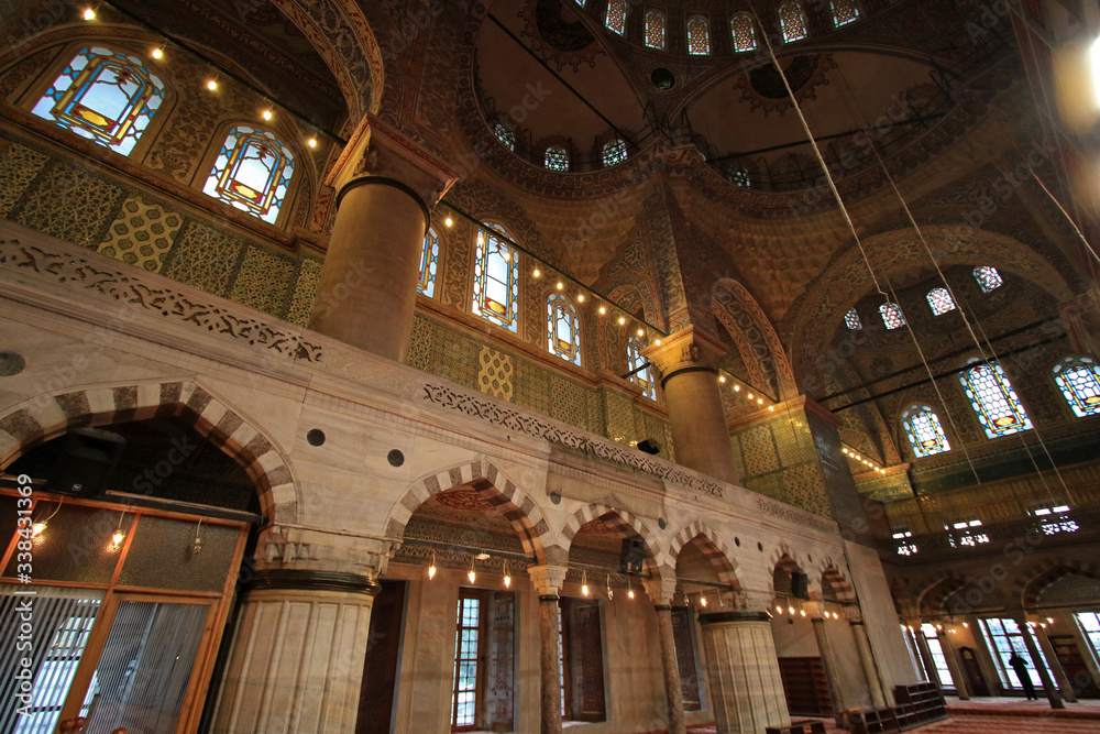 Interior of Sultan Ahmed Mosque, Blue Mosque, historic mosque located in Istanbul, Turkey