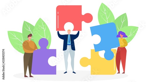Three people connect colored puzzle pieces, concept of successful business, v...