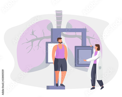 Patient Making X-Ray Fluorography. Scanning of Lungs in the Hospital. Medicine Pulmonology Healthcare. Doctors Check Tuberculosis.Nurse in White Gown. Huge Lungs on background.Flat Vector Illustration