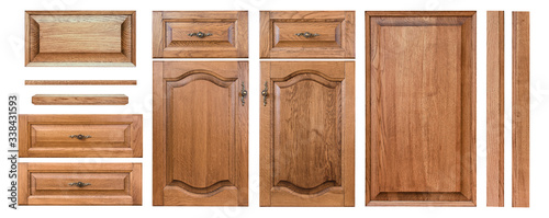 Kit of wooden elements from oak material. Object isolated on a white background. Samples and templates for design work, use items for collect stylish furniture