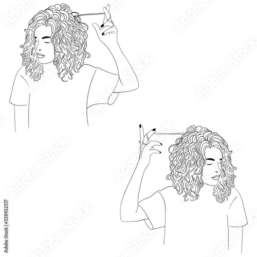 Girl with curly hair finger coiling hand-drawn isolated vector illustration