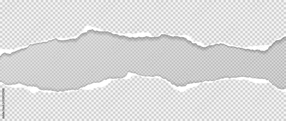 Pieces of torn white paper with soft shadow stuck on grey squared background. Vector illustration