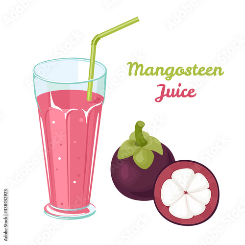 Mangosteen tropical fruit juice in glass cup with straw Isolated on white background. Vector illustration of fresh fruit in cartoon flat style. Natural vitamin drink.