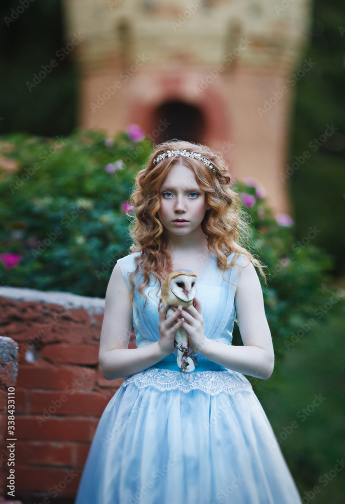 beautiful red-haired girl walks with an owl on her hand against the background of the castle beautiful red-haired girl walks with an owl on her hand against the background of the castle