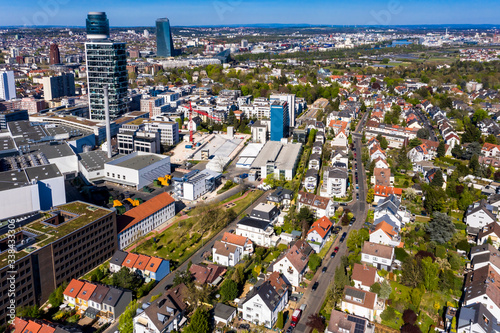 Aerial view, Frankfurt skyline, with Henninger Tower, ECB, Sachsenhausen, Hesse, Germany