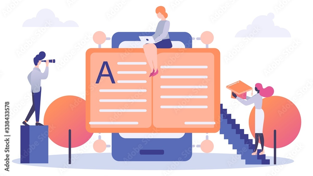 Characters in online education vector illustration. Cartoon flat tiny business people or students with laptops learning book in library app. Mobile education technology concept isolated on white Characters in online education vector illustration. Cartoon flat tiny business people or students with laptops learning book in library app. Mobile education technology concept isolated on white