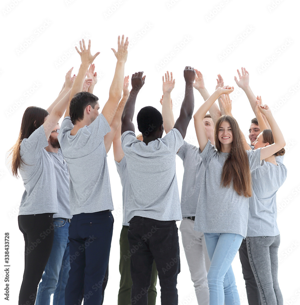 smiling girl standing in a circle with her friends.