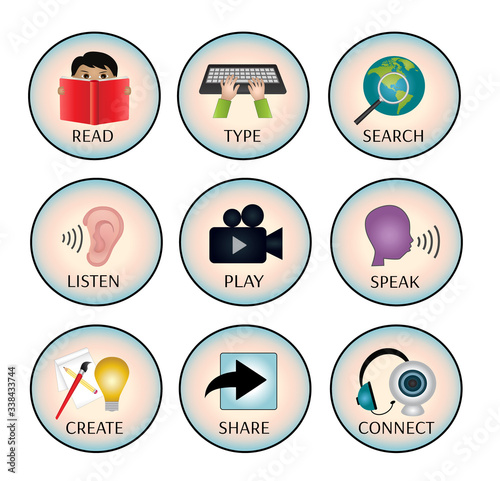 Education icons for online and distance learning - Read, type, search, listen, play, speak, create, share and connect web buttons.