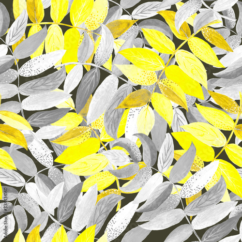 Grey and yellow watercolor branches on grey background: floral seamless pattern, tender wallpaper print, spring and summer textile design.