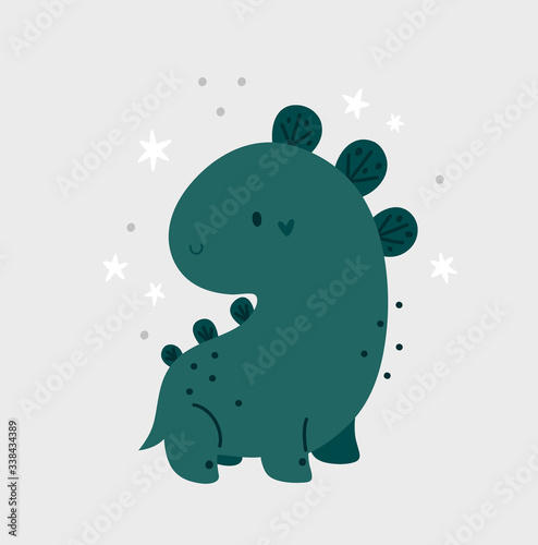 Little green baby dinosaur with stars on background. Kid animal clip art in flat style. Childish cartoon vector illustration. Ideal for poster, print, card, kids room decoration