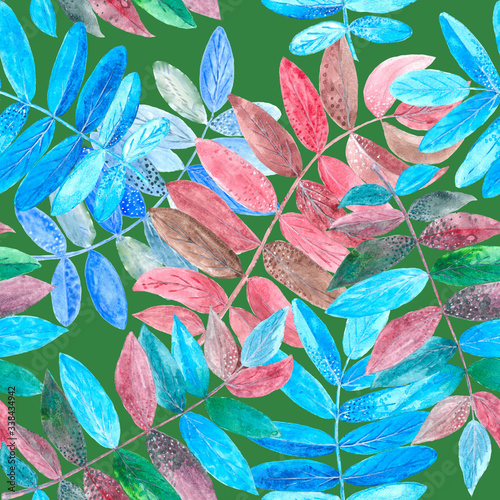 Pink and blue watercolor branches on green background: floral seamless pattern, tender wallpaper print, spring and summer textile design. © lipchania