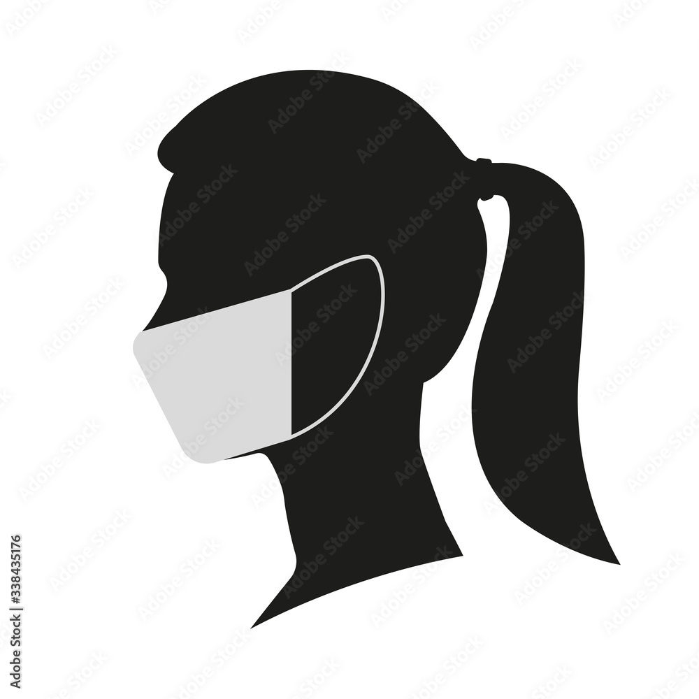 Woman profile face silhouette in medical mask. Female head illustration. Vector illustration. Печать Woman profile face silhouette in medical mask. Female head illustration. Vector illustration. Печать