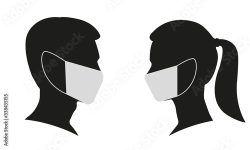 Man and Woman profile face silhouette in medical mask. Male and female head illustration. Vector illustration. 