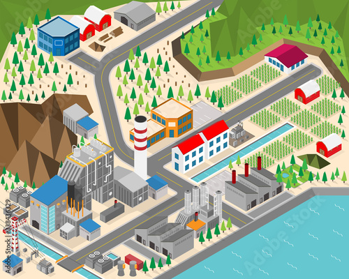 biomass energy, biomass power plant in isometric graphic