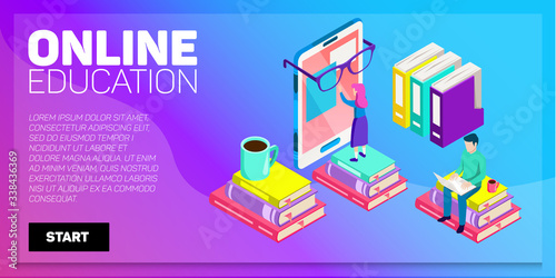 Isometric online education vector banner. E-learning. Imagination ad creativity.