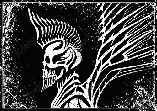 Biomechanical, gothic skull with iroquois or crest and beard, skeleton of an dark fallen angel, devil or demon, with sharp geometric wings raised up, with splashes and texture on background.