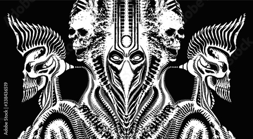 Horror character, dark, terrible demon or devil in a mask and hood with two cyborgs with a Mohawk and mechanisms that are connected to it by wires, and with two skulls that break out of the demon.