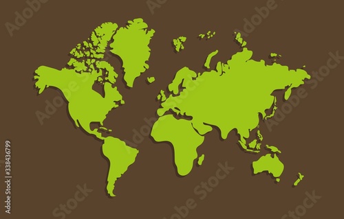 Simplified world maps. Generalized  round corners green world maps. Isolated vector on brown background.